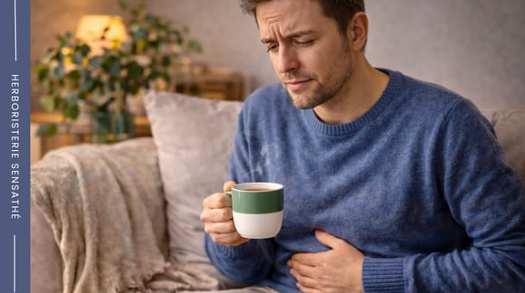 Personne souffrant de constipation légère avec une tisane naturelle à la bourdaine pour soutenir le transit intestinal - Herboristerie Sensathé Personne souffrant de constipation légère avec une tisane naturelle à la bourdaine pour soutenir le transit intestinal - Herboristerie Sensathé